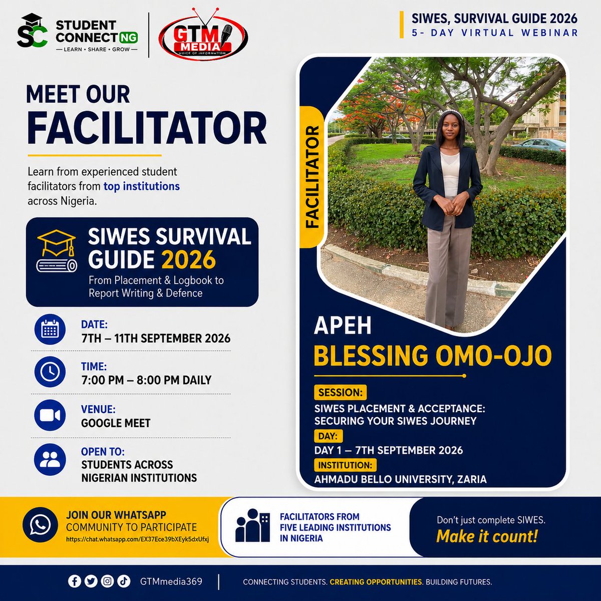 GTMMedia369's tweet photo. Meet Our Facilitator!

Meet Apeh Blessing Omo-ojo, an Undergraduate Nursing Student, Public Speaker, Basic Life Supporter &amp; Emergency Healthcare Respondent. 

She’ll be sharing practical insights at SIWES Survival Guide 2026. Don’t miss it!

#SIWES2026 #GTMMedia #StudentConnectNG https://t.co/ZsblsF0TEx