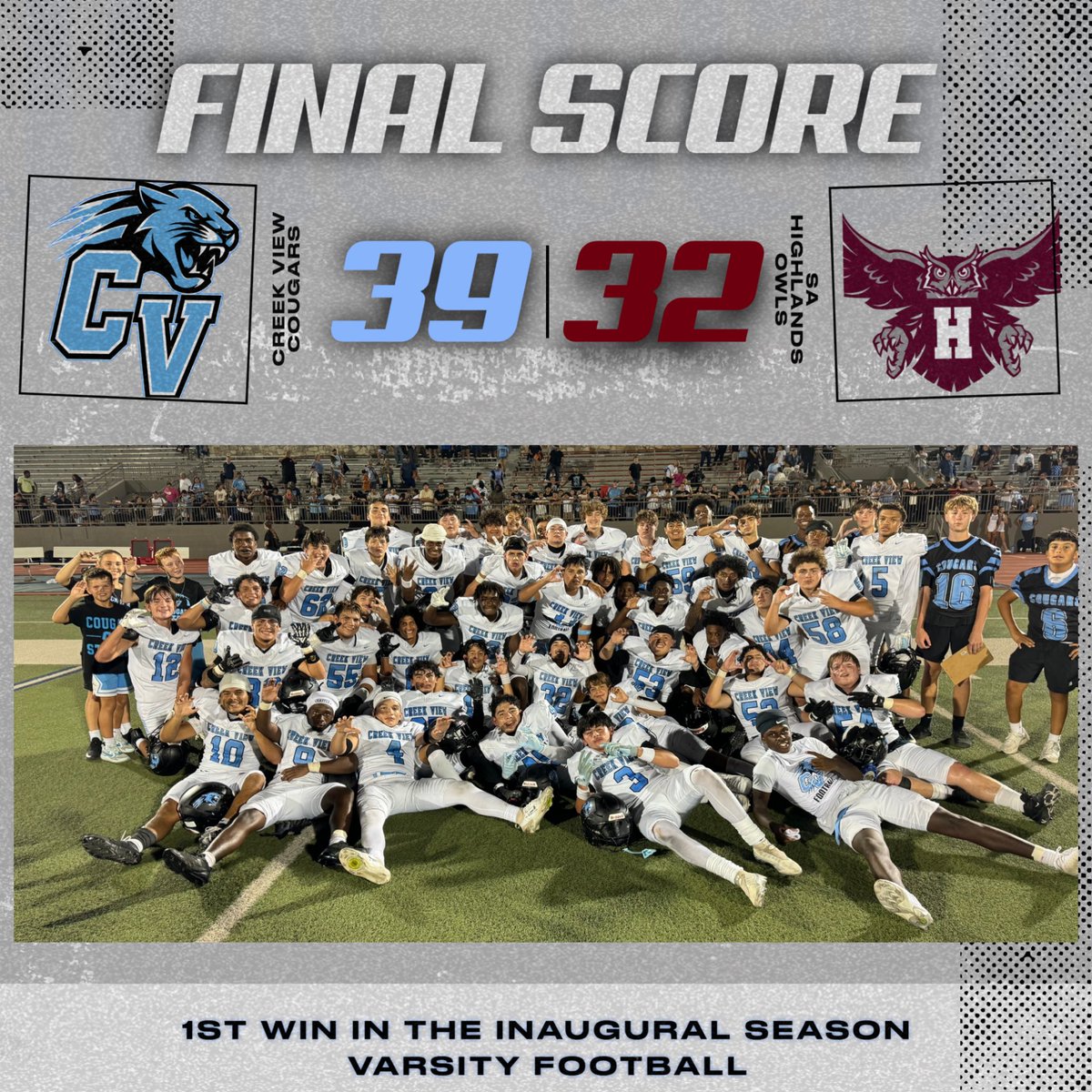 CVHSCougarFB's tweet photo. COUGS WIN!  1st win in Creek View’s inaugural season! https://t.co/3aZ7jYbg1J