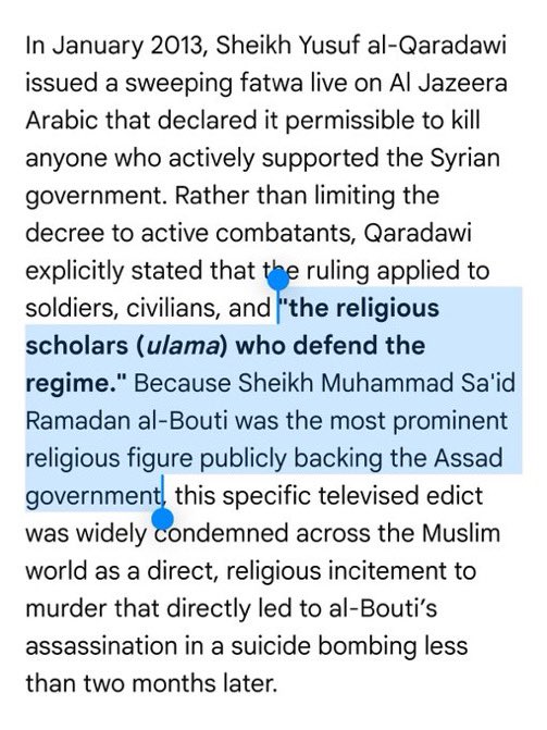 Partisangirl's tweet photo. @doctor_rahmeh Wahhabis literally murder Sunnis who disagree with them and blow up their mosques like they did to Sheikh Bouti.

Daniel @Haqiqatjou will tell you that a Wahhabi is not a Sunni. https://t.co/4Wx8PDfSp2