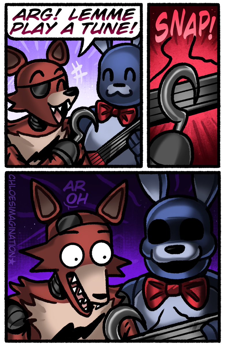 ChloeImagine's tweet photo. Foxy wants to play a song on Bonnie’s guitar in FNAF.. https://t.co/y7MoooO67l