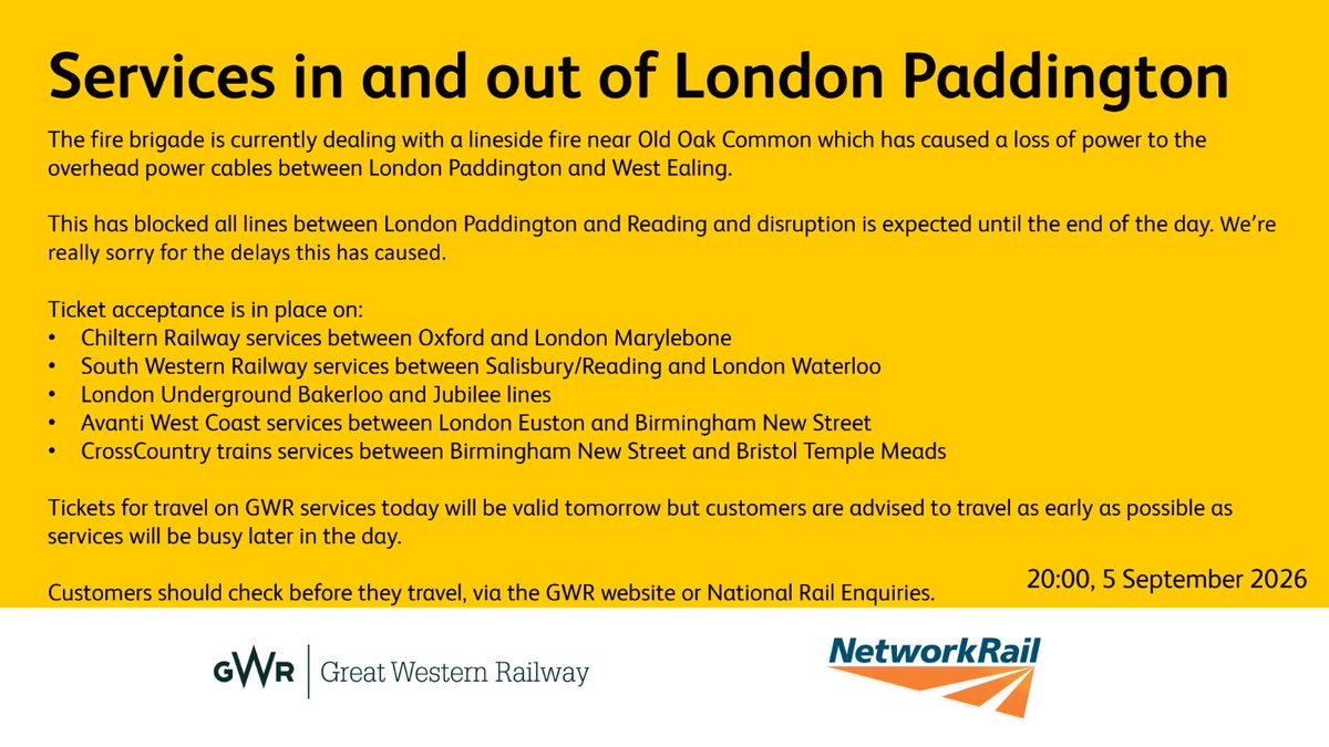 networkrailwest's tweet photo. The fire brigade is dealing with a fire which has caused a loss of power to overhead power cables between London Paddington-West Ealing.

This has blocked all lines between Paddington-Reading and disruption is expected until the end of the day. 

Please check before you travel. https://t.co/9TYp8xfUAK