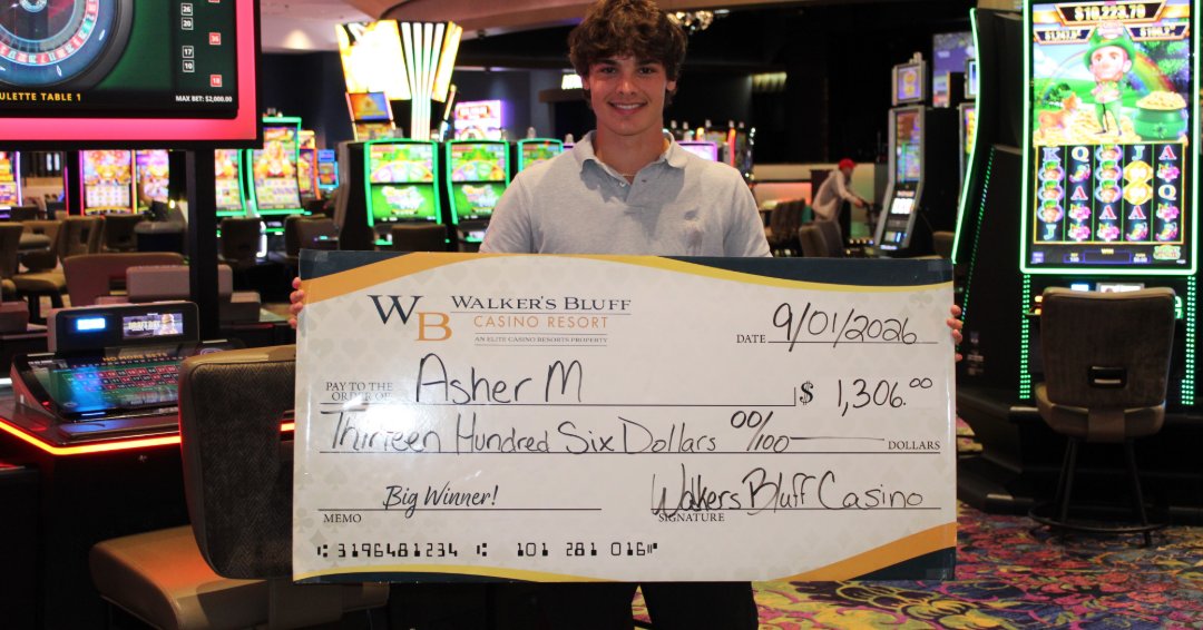 WBCResort's tweet photo. Big shout-out to Asher for hitting an awesome jackpot of $1,306.00 playing Electronic Roulette! Think you have what it takes to be our next featured #WalkersWinner? Swing by #WalkersBluffCasinoResort today and give it a shot. 🥳

Must be 21+. Gambling Problem? Call 1-800-GAMBLER https://t.co/gbUkXcXoWW