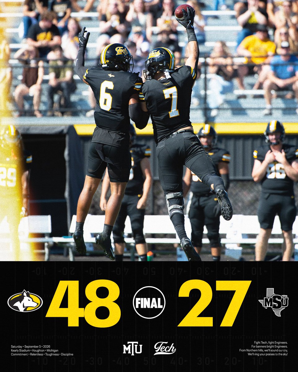 MTUFB's tweet photo. Michigan Tech improved to 2-0 after winning its sixth straight home opener at Kearly Stadium!

@FloCollegeFB | #CRTD | #FollowTheHuskies https://t.co/VYgXjrmmrZ