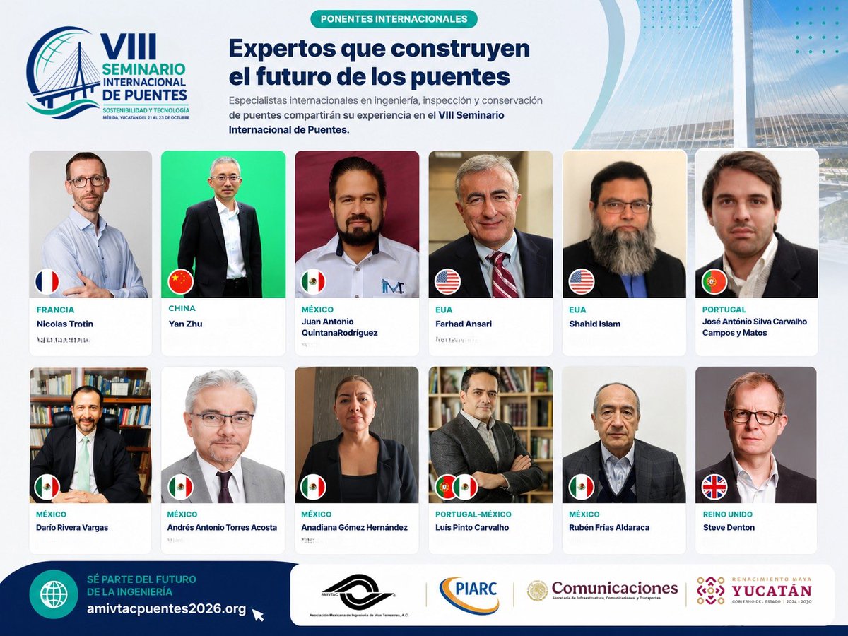 AMIVTACmx's tweet photo. 🌉 ¡Expertos internacionales en puentes!

Francia, China, México, EUA, Portugal y Reino Unido estarán presentes en el VIII Seminario Internacional de Puentes.

📅 21-23 oct. 2026
📍 Mérida, Yucatán
🌐 https://t.co/R5a3MGVnyb

#AMIVTAC #Puentes https://t.co/XWHYwIXOdi