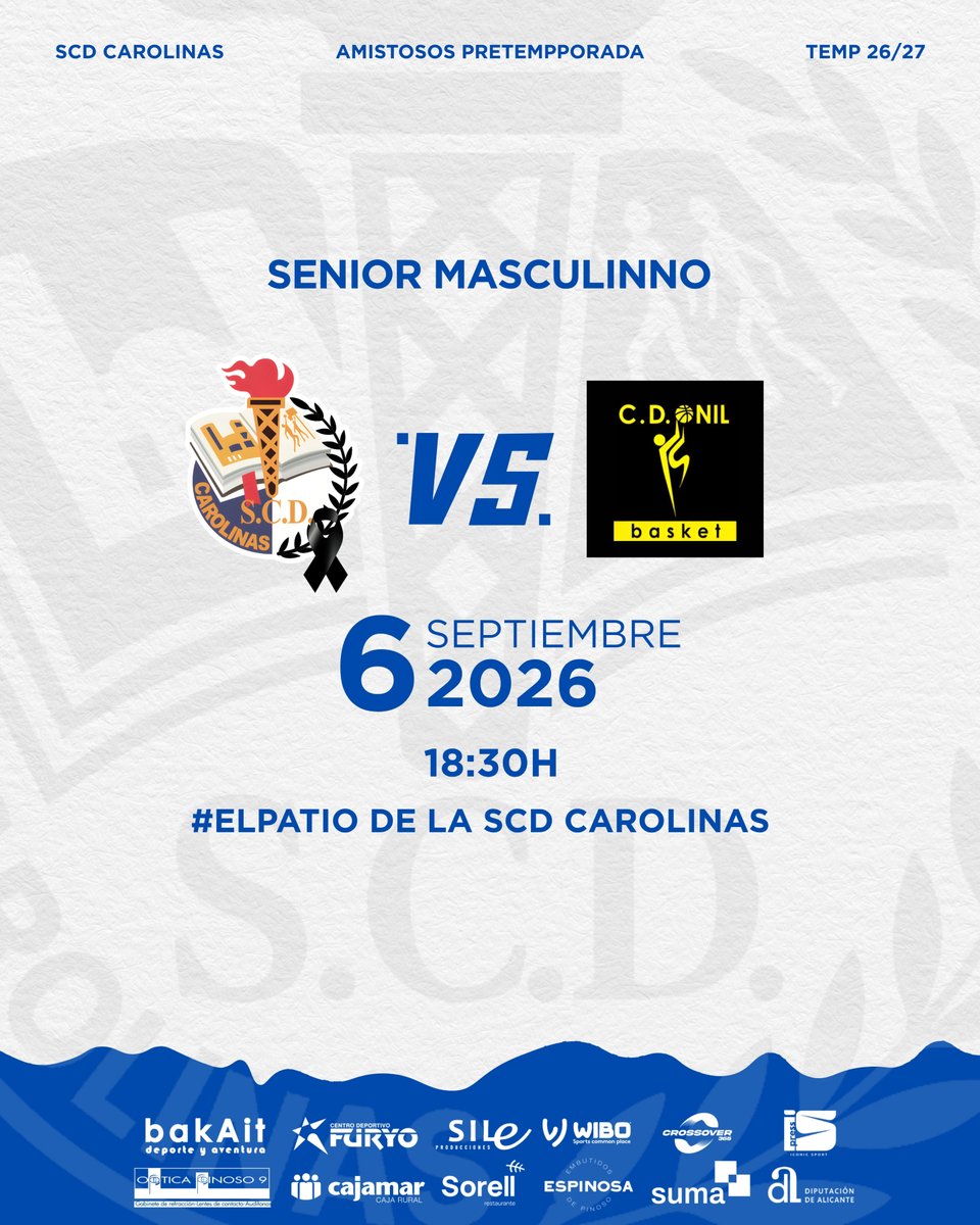 scdcarolinas's tweet photo. Este domingo vuelve el baloncesto a #ELPATIO 💪

𝗦𝗲𝗻𝗶𝗼𝗿 𝗠𝗮𝘀𝗰.
🗓️ Domingo 6 de septiembre | 18:30
📍 #ElPatio
🆚 CD Onil

#sienteelespiritucarolo #scdcarolinas #alicante #baloncesto #TerceraFEB https://t.co/5YTho1T2KF