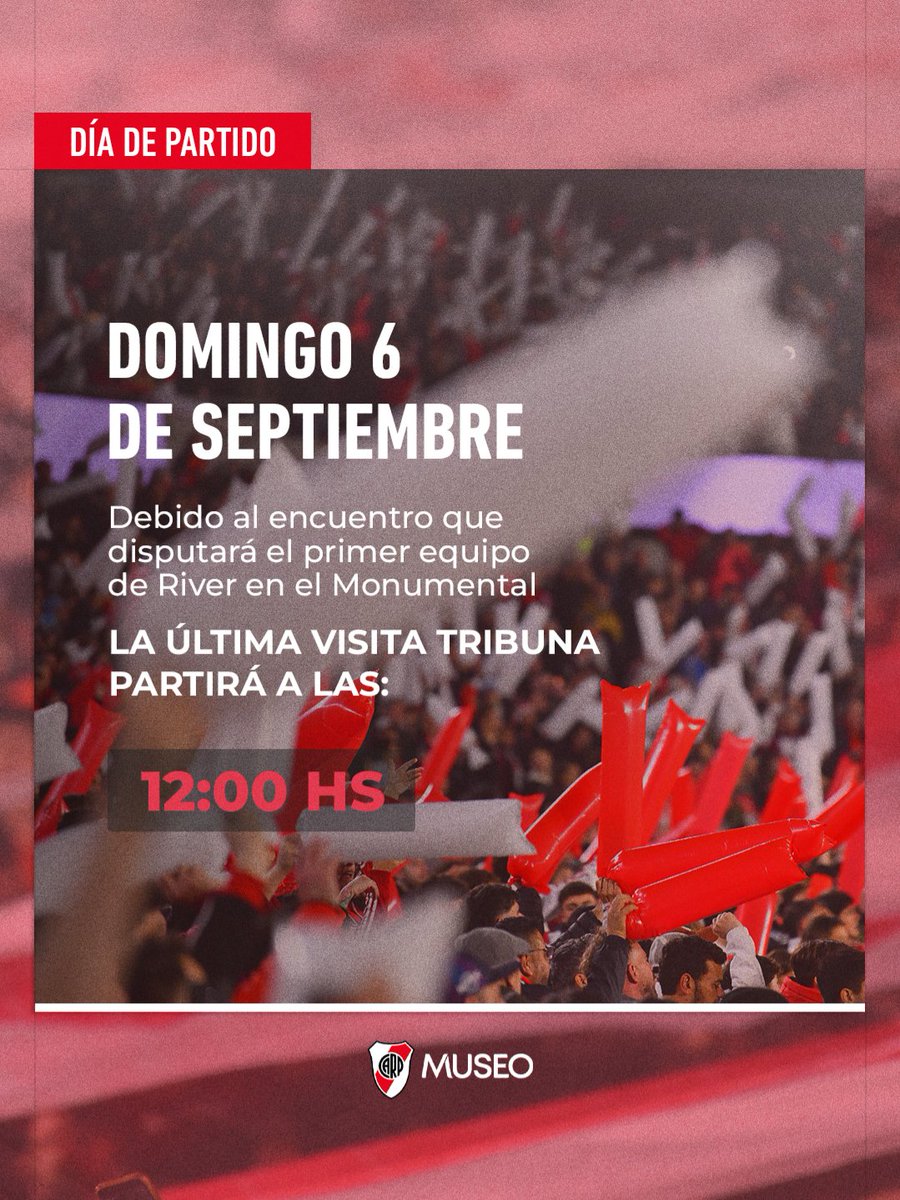 MuseoRiver's tweet photo. 📣 [𝗜𝗠𝗣𝗢𝗥𝗧𝗔𝗡𝗧𝗘] Horarios del Museo River para el domingo 6 de septiembre 🏛📆

🕙 Apertura: 10:00 hs.
💺 Última Visita Tribuna: 12:00 hs.
🚫🏟 Sin Visita Full ni Visita Estadio
🕜 Cierre: 13:30 hs. https://t.co/lDibQxmQBi