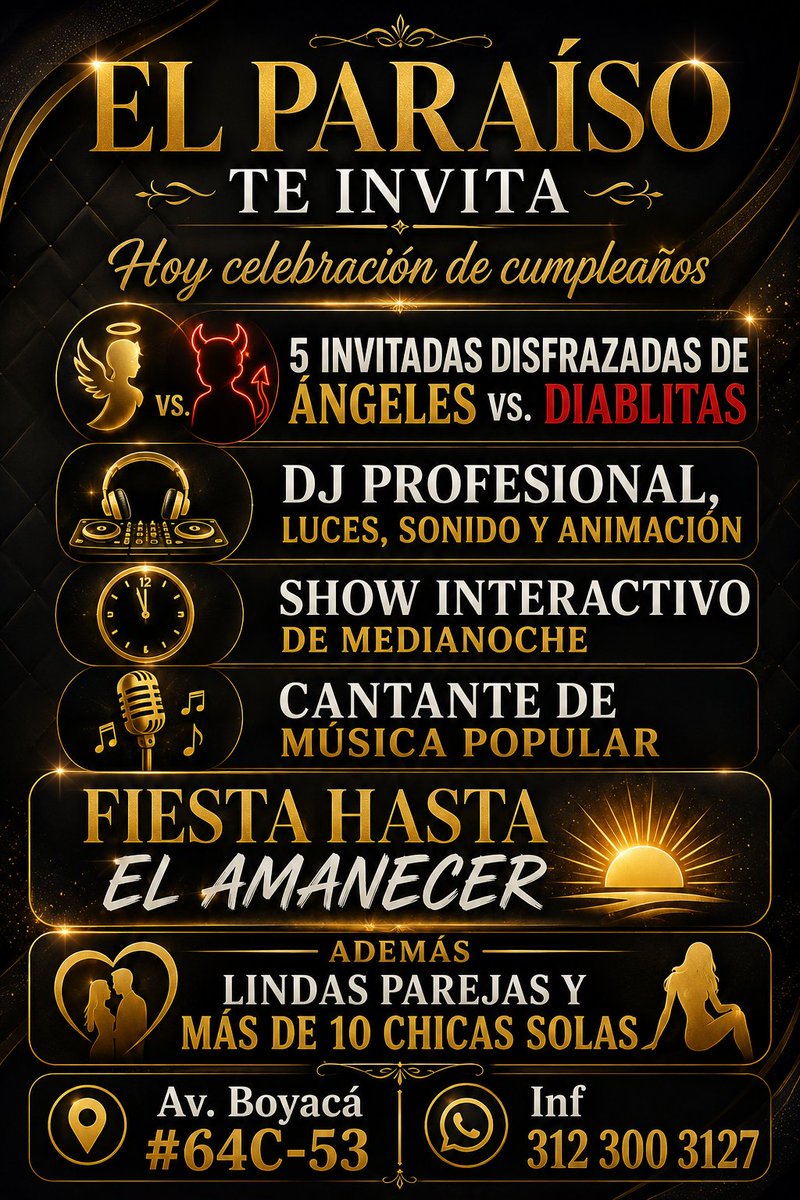 swparaiso1's tweet photo. HOY SÁBADO TENDREMOS ÚNA FIESTA DE CUMPLEAÑOS Y BOTAREMOS LA CASA POR LA VENTANA
SHOW DE MEDIA NOCHE 
DJ ANIMANDO CON LUCES PROFESIONALES 
CHICAS DISFRAZADAS DE ANGELES Y DIABLITAS 
RUMBA HASTA EL AMANECER Y MUCHO MÁS 
AV BOYACÁ CON MUTIS 
INF 3123003127
BOGOTÁ https://t.co/GR4zP3Q1tI