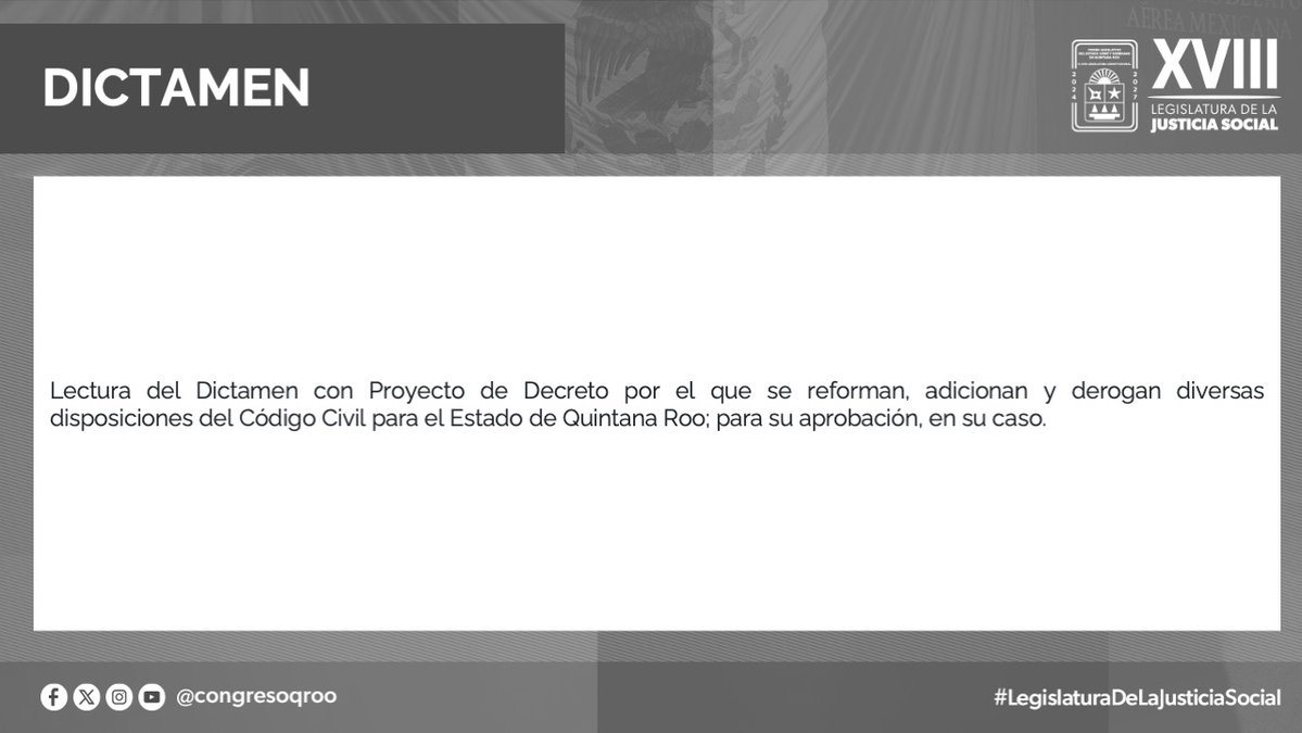 CongresoQRoo's tweet photo. #SesiónOrdinaria Lectura del Dictamen con Proyecto de Decreto por el que se reforman, adicionan y derogan diversas disposiciones del Código Civil para el Estado de Quintana Roo.
🔴#EnVivo
https://t.co/fM3eiYQZI7 https://t.co/WRvgLXlIdb