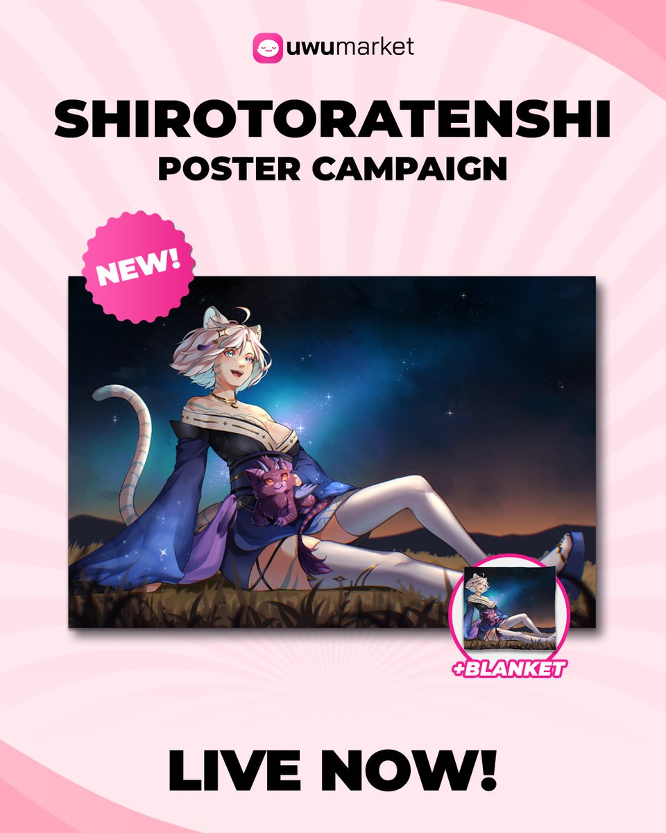 shirotoratenshi's tweet photo. Today, I'm working with UwUMarket to release merch! It'll be up for 30 days! There is a poster (small or large) and a blanket as options. :D Please check it out or share to support da tiger! 

https://t.co/CpQGzFL5B8 https://t.co/d25gfPYgfo