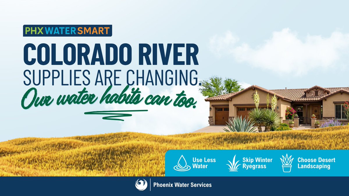 PHXWater's tweet photo. Beginning in 2027, the Lower Basin will receive less Colorado River water. 

Phoenix is ready through decades of planning &amp; new supplies. 

Conservation still matters—if you plant winter ryegrass, consider skipping it. Let Bermuda go dormant. 

Learn more: https://t.co/A3jIdYwaiO https://t.co/ZaXPK6Ve54