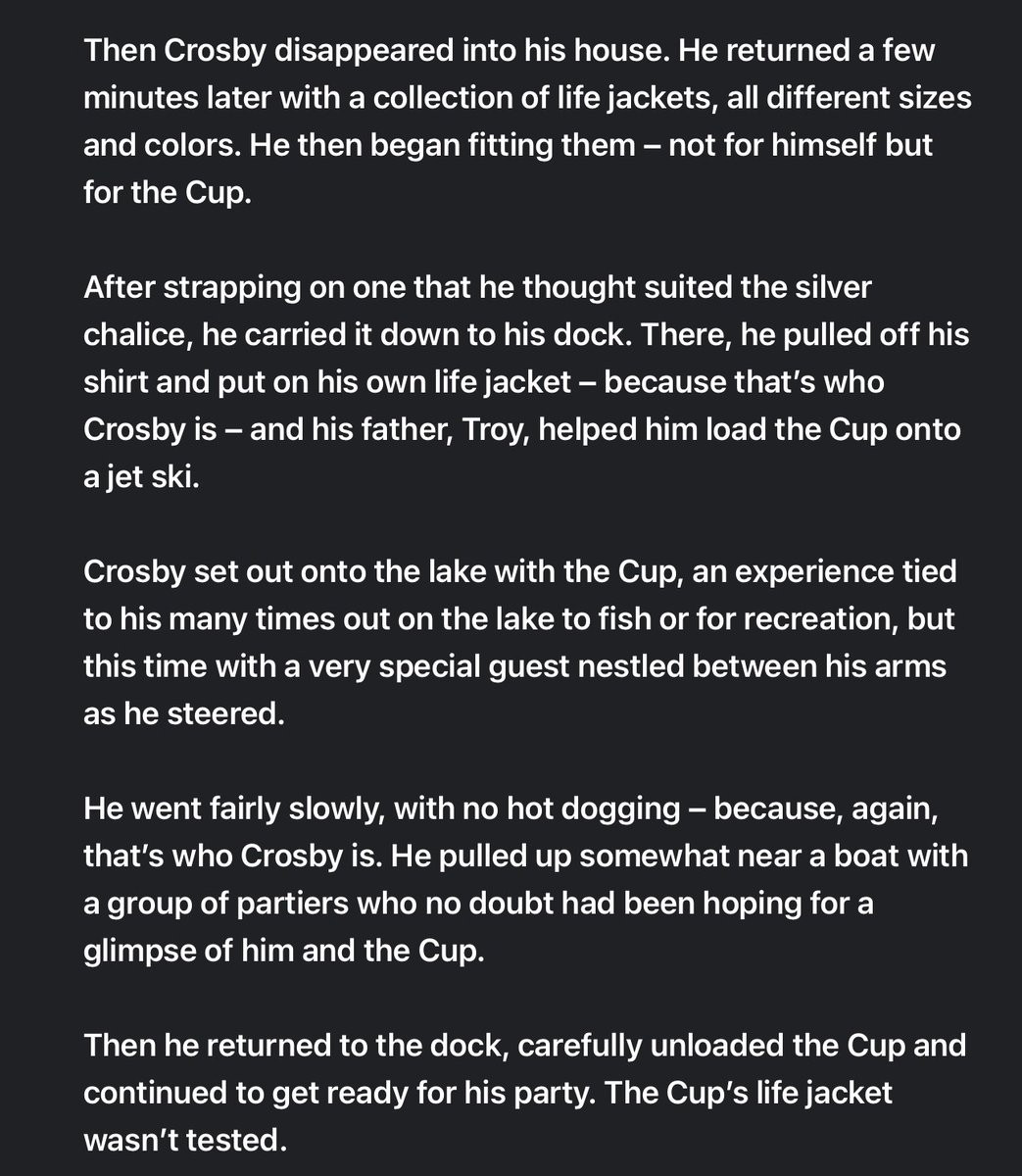 Crosbycakelover's tweet photo. every paragraph somehow gets WORSE ???  wdym he was picking out a fucking life jacket for the Cup I’m crying 😭😭😭😭 https://t.co/F5aKvWKD2o