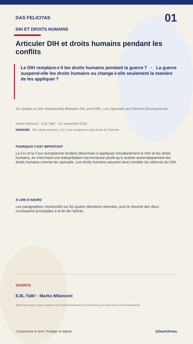 DasFelicitas's tweet photo. 1. Le DIH remplace-t-il les droits humains?
Non: la CIJ et la Cour européenne les appliquent désormais ensemble, en cherchant une lecture harmonieuse plutôt que d'écarter les #droitshumains comme lex specialis. Ils comblent même les silences du DIH. Analyse de Marko Milanović... https://t.co/CpvBSnS1R8