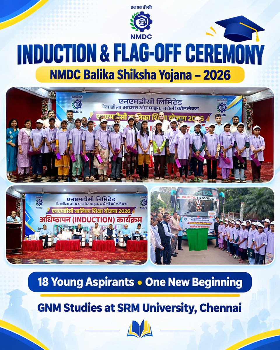 nmdclimited's tweet photo. A new journey begins with opportunity, aspiration and the courage to move forward.

Under the NMDC Balika Shiksha Yojana – 2026, an Induction & Flag-Off Ceremony was organized for 18 ST girl candidates selected to pursue the Diploma in General Nursing and Midwifery (GNM) at @SRM_Univ.

The bus carrying the 18 students to Chennai was flagged off by Mr. K. Sreedhar, CGM, BIOM, marking the beginning of their academic journey and a significant step towards education, empowerment and a promising future.

NMDC wishes all 18 students success as they begin this new chapter of learning and growth.

#NMDC #BalikaShikshaYojana #GirlEducation #WomenEmpowerment #EducationForAll #GNM #SRMUniversity 

@mygovindia 
@SteelMinIndia 
@HDKumarasw30951 
@SandeepPoundrik