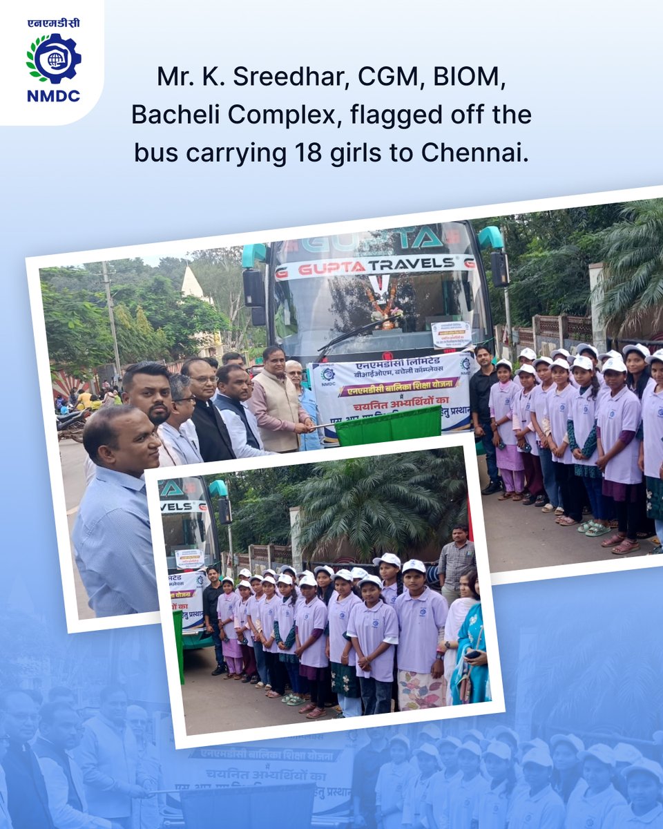nmdclimited's tweet photo. A new journey begins with opportunity, aspiration and the courage to move forward.

Under the NMDC Balika Shiksha Yojana – 2026, an Induction & Flag-Off Ceremony was organized for 18 ST girl candidates selected to pursue the Diploma in General Nursing and Midwifery (GNM) at @SRM_Univ.

The bus carrying the 18 students to Chennai was flagged off by Mr. K. Sreedhar, CGM, BIOM, marking the beginning of their academic journey and a significant step towards education, empowerment and a promising future.

NMDC wishes all 18 students success as they begin this new chapter of learning and growth.

#NMDC #BalikaShikshaYojana #GirlEducation #WomenEmpowerment #EducationForAll #GNM #SRMUniversity 

@mygovindia 
@SteelMinIndia 
@HDKumarasw30951 
@SandeepPoundrik