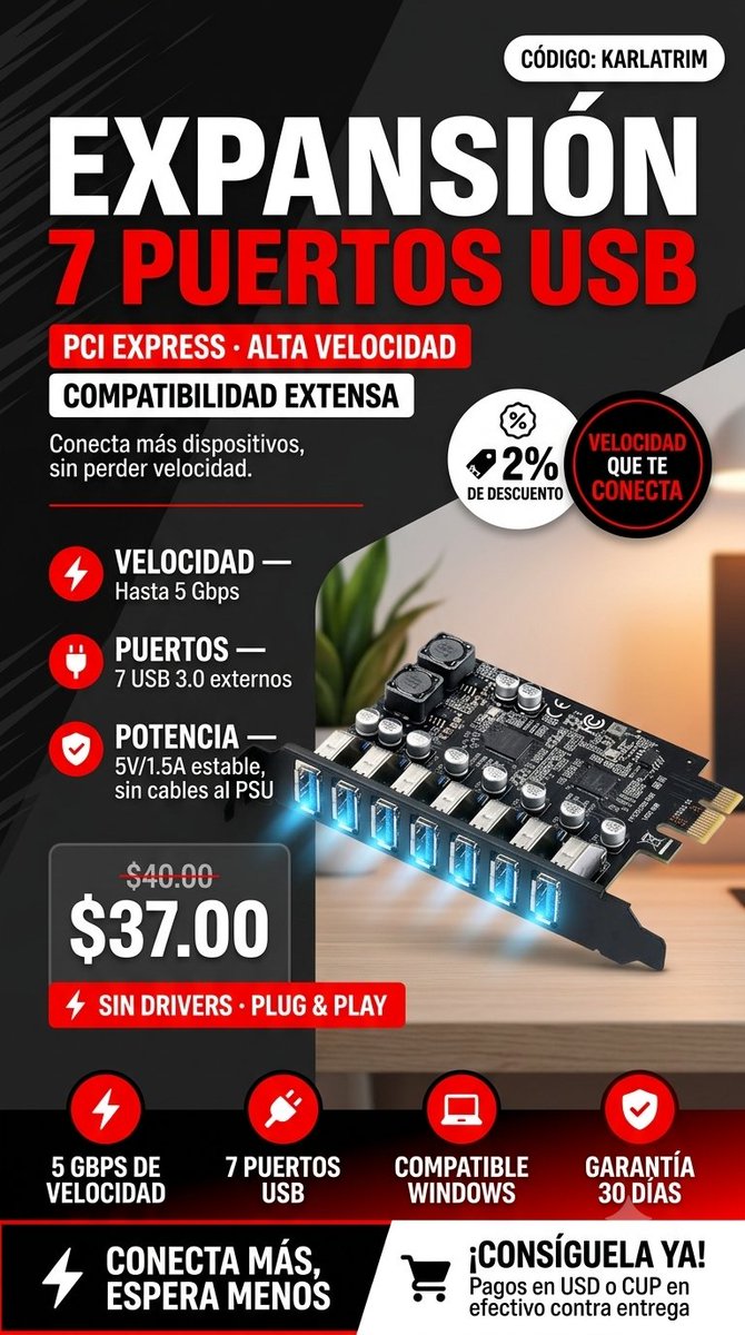 JabaleraShop's tweet photo. ⚡ ¿Se te quedan cortos los puertos USB? La Expansión PCI-E de 7 Puertos USB 3.0 (5 Gbps) es tu solución 🔌
💵 $37.00 | Código KARLATRIM (2% OFF)
💳 USD o CUP en efectivo contra entrega

👉 Toca el link y haz tu compra ya: https://t.co/NunZuW28yq

#ExpressSolutionsCuba https://t.co/Mo0FFTwt0l
