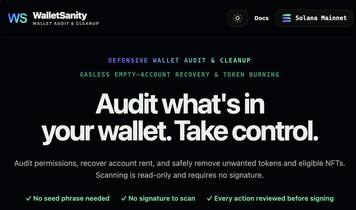 WalletSanity's tweet photo. Your wallet is full of dead shitcoins but has 0 SOL left for gas.

Still cleanable.

WalletSanity now supports gasless token burns.

Burn the trash. Keep the SOL.

No need to fund the wallet first.

https://t.co/TBcgoY83Iu https://t.co/Q1ovOf358j