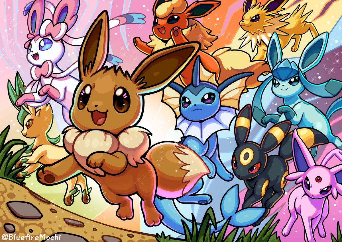 BluefireMochi's tweet photo. Choose your path, Eevee! 🌈✨ #Pokemon #Eeveelutions https://t.co/8mU1Z8pEPq