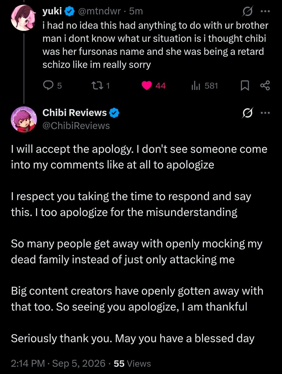 ChibiReviews's tweet photo. Out of respect for yuki apologizing

I have deleted my post. Here's our exchange

Huge misunderstanding on both of us. I also offer an apology for the misunderstanding too publicly https://t.co/wG9RGBVcEo
