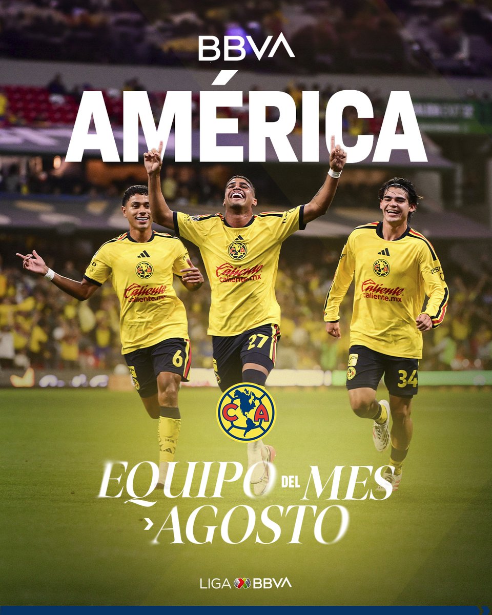 LigaBBVAMX's tweet photo. El único invicto del #AP26 y ahora también el #EquipoDelMes de agosto. 🔵🟡

El @ClubAmerica mantuvo el vuelo en la parte alta de la tabla y gracias a sus votos fueron los ganadores de @BBVA_Mex. 🦅

#LaLigaDeLaAfición | #AP26 | #BBVA https://t.co/O115dHjil6
