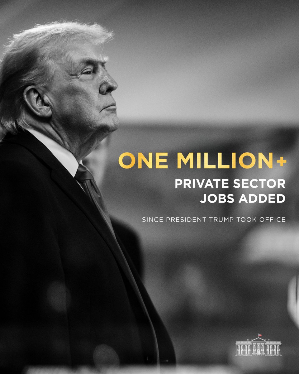 WhiteHouse's tweet photo. ONE MILLION NEW JOBS IN JUST 19 MONTHS.

Thanks to a historic investment boom, renewing American manufacturing, and more, President Trump has entirely revitalized private sector jobs in America. https://t.co/FHALamI5rl