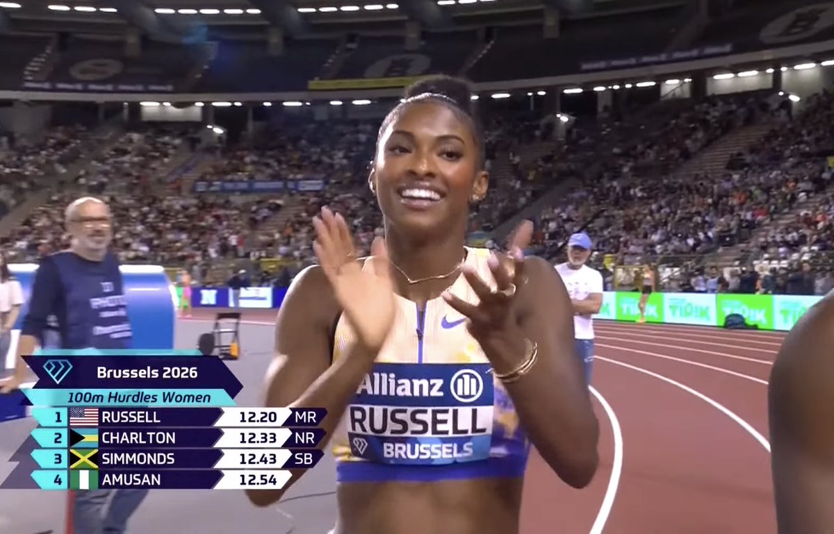 CitiusMag's tweet photo. RUSSELL TAKES BRUSSELS🕺

Masai Russell 🇺🇸 simply can’t seem to lose this year, taking the #BrusselsDL 100m hurdles in a meet-record 12.20.

World Indoor champ Devynne Charlton 🇧🇸 runs the best outdoor race of her career, clocking a national record 12.33 for second. https://t.co/lWR5ocEPnb