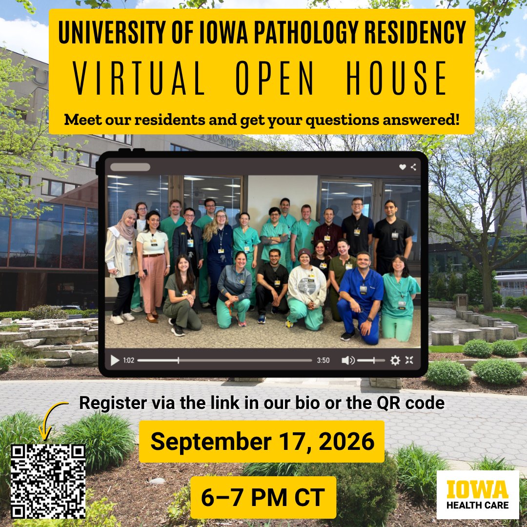 UIPathology's tweet photo. 🚨SAVE THE DATE!🚨 The University of Iowa Department of Pathology will be hosting our virtual Open House on September 17 from 6-7 PM CST. Meet our residents and have your questions answered.
Register via the QR code or the link: https://t.co/BMkWfNBg1H
We hope to see you there! https://t.co/bRq2lATua3