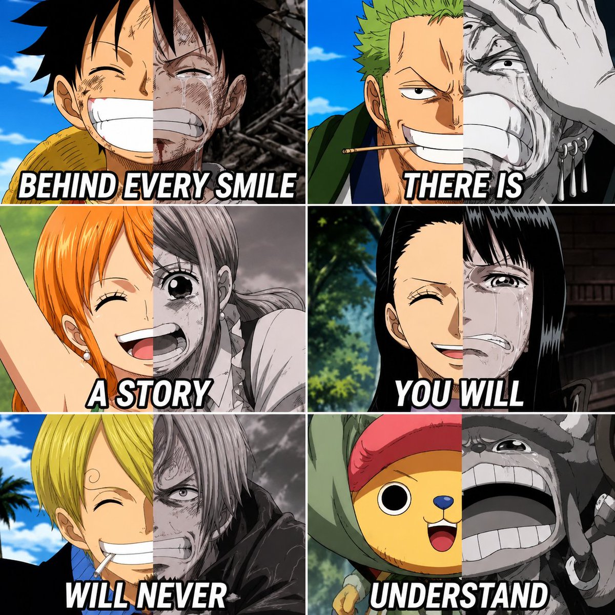 TheAnimeHub_'s tweet photo. Behind every smile in One Piece, there’s a pain filled story we’ll never fully understand. 💔🥀 https://t.co/YcYrS9ZzIL