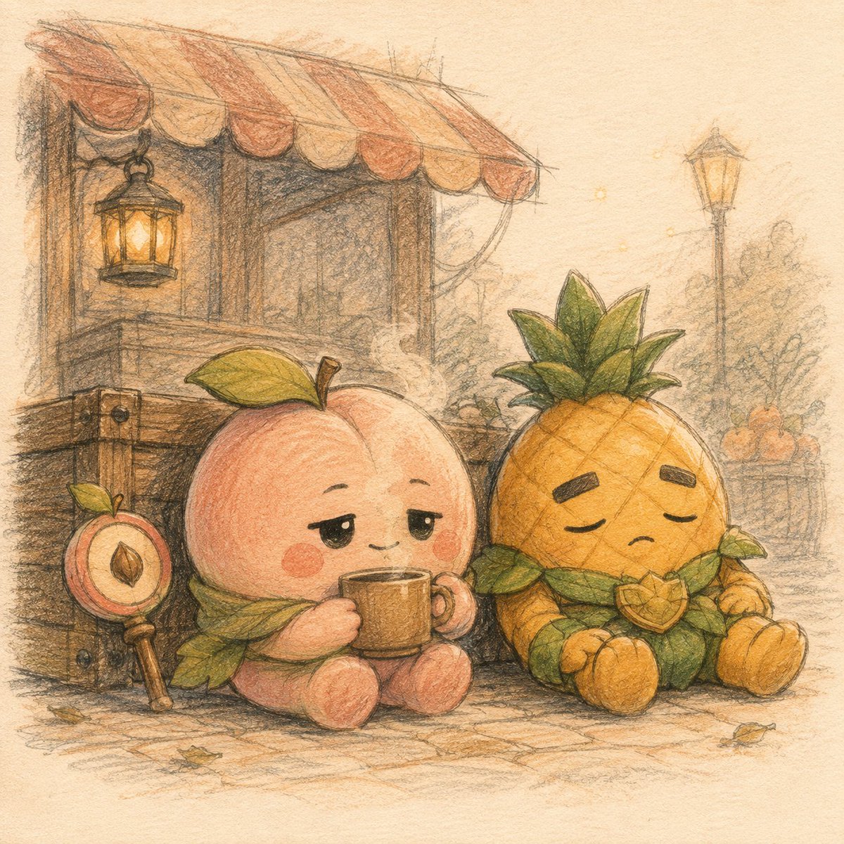 FruitStandGame's tweet photo. Off duty: Peach brought the drinks. Pineapple brought absolutely no energy. 🍑🍍

The Fruit Stand Battle squad, after hours. Character art; their day job is in our pinned gameplay clip. https://t.co/uwgZZfnNio