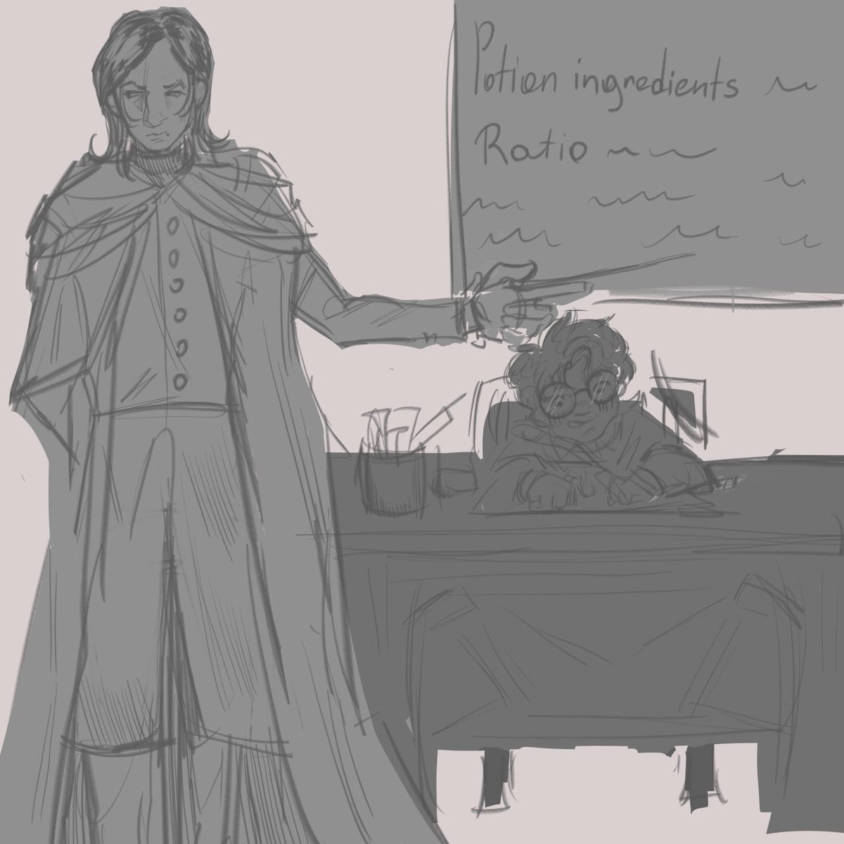 Miirmia's tweet photo. #Severitus Au sketch
Harry having a time of his life stealing Severus's table just to sit there and quietly draw while Sev teaching 
(Harry also has an important job of handing out test results if class was good behaved) https://t.co/yd8WwDPiw7