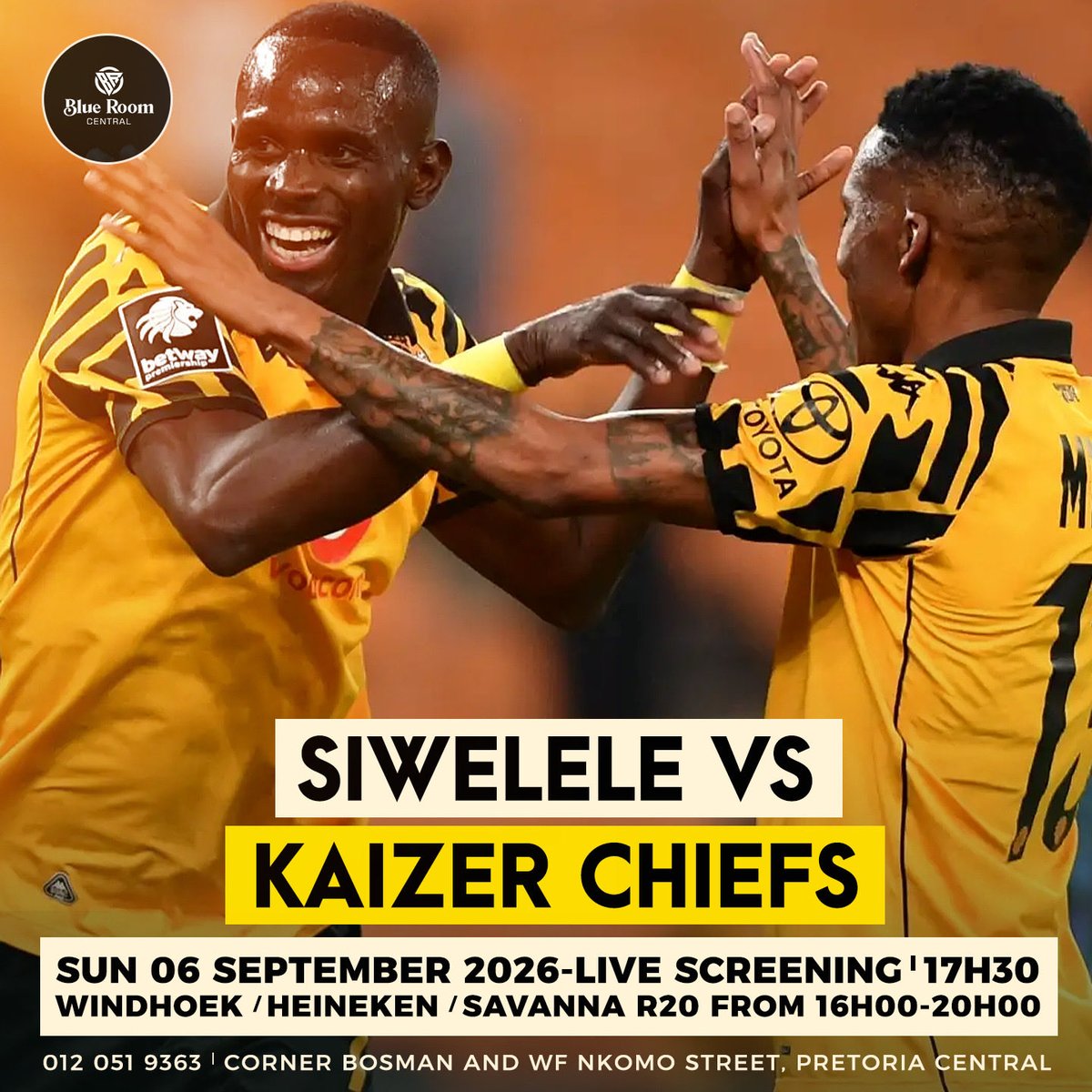 BlueroomCBD's tweet photo. GAME DAY⚽️—⚽️SUN 06 SEP

Sundowns VS Golden Arrows
Kick OFF: 15H00
&amp;
Kaizer Chiefs VS SIWELELE 
Kick OFF: 17H30

Windhoek | Heineken | Savanna - R20
From: 16:00-20:00

Live Screening @The Blue Room Pretoria CBD https://t.co/Aj7QJ7sbBE