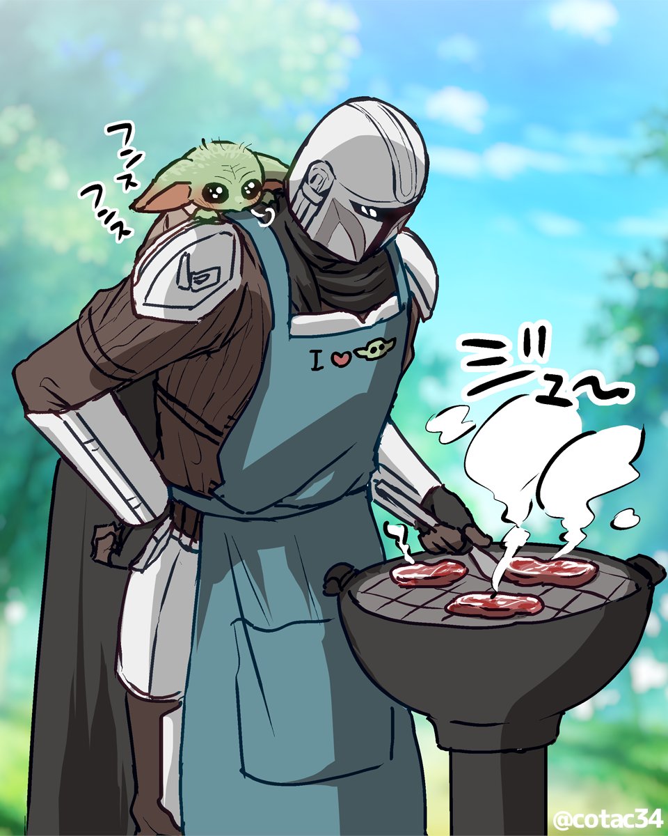 cotac34's tweet photo. グーちゃまがワクワクしながらマンドーパパご自慢のBBQグリルのお肉を焼けるのを待ってるのを拡大してみた
ついでにエプロンにもパパお手製の刺繍をしておきました https://t.co/UXhZoZOmHD