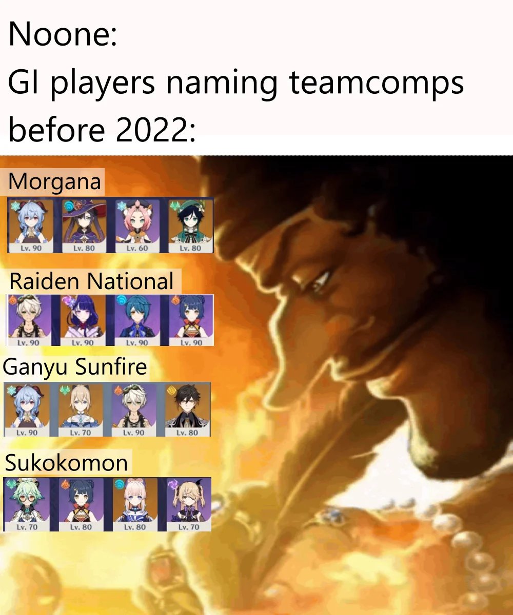 teyvattabloid's tweet photo. Team comps name in the 2.x era was something else

©️ u/poeyoh12

#Genshinlmpact #Genshin #GenshinMemes https://t.co/1L8JHy51AQ