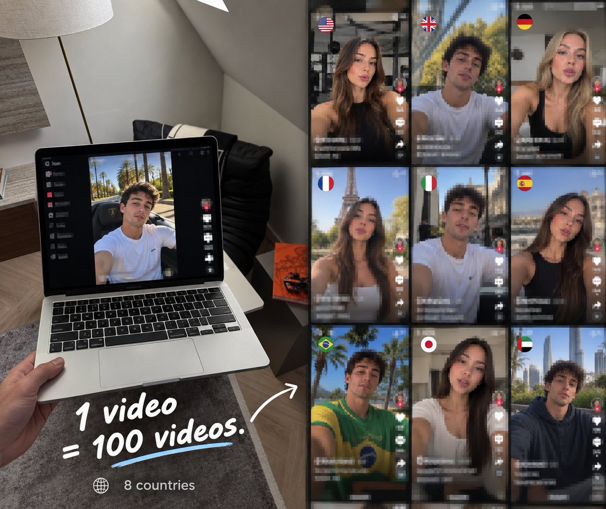 yurahulei's tweet photo. 1 video = 100 videos.

I ran the same UGC creative across 80 faces &amp; 8 countries.

not "better editing", just MORE accounts posting same content on 8 different languages.

Claude did everything for me (even the accounts set up)

wrote my step by step guide in comments ⬇️ https://t.co/8qglaHMAyC
