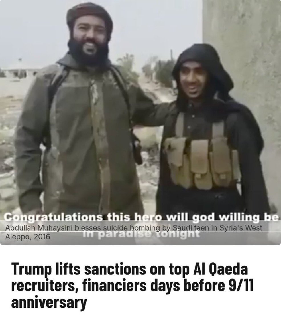 Partisangirl's tweet photo. BREAKING 🚨Trump removes top Al Qaeda recruiters and financiers from terror list days before 9/11. https://t.co/M6Wq1CA2Kl