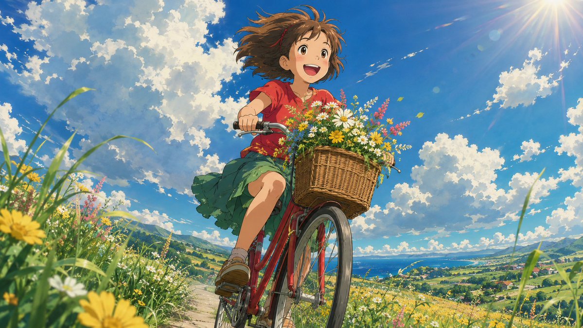 ghibli_dreams's tweet photo. Riding with the summer breeze. 🚲🌼☀️
A basket full of flowers, a bright blue sky, and that wonderful feeling of freedom – sometimes that’s all you need for a little adventure. ✨

#GhibliInspired #AnimeArt #SummerVibes #BicycleRide #FlowerBasket #Countryside https://t.co/pR2h7X9SiJ