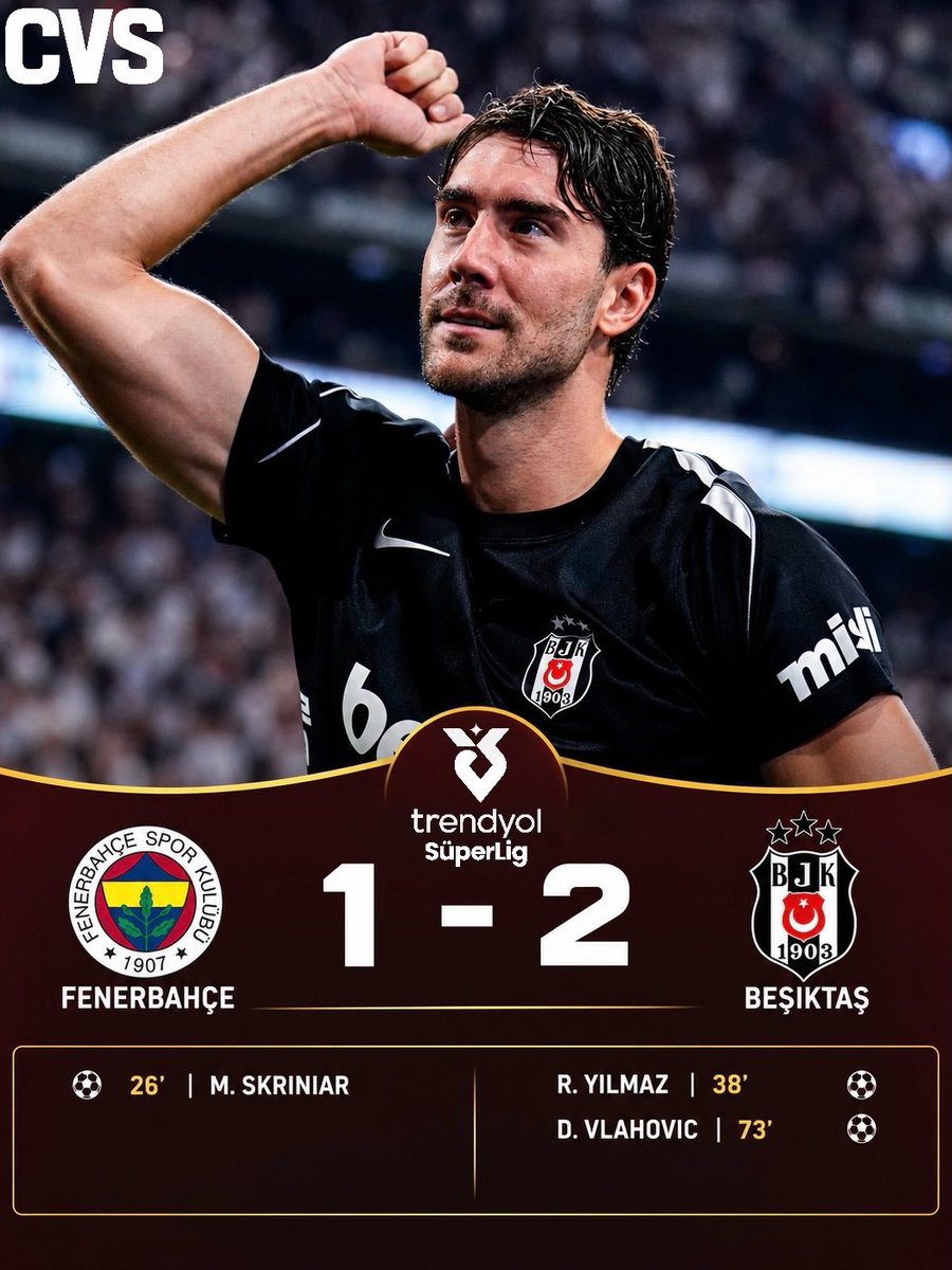 CSVTv20's tweet photo. BEŞİKTAŞ DERBİDE GÜLDÜ, VLAHOVIĆ YİNE SAHNEDE! 🦅🔥

İstanbul derbisinde kazanan Beşiktaş! Siyah-beyazlılar, Fenerbahçe’yi 2-1 mağlup ederek dev mücadeleden üç puanla ayrıldı. ⚔️

Vlahović ise Türkiye macerasına fırtına gibi devam ediyor: 3 maç, 4 gol! 🤯⚽

Derbide tansiyon yükseldi, mücadele sertleşti… ama son sözü Beşiktaş söyledi. 🦅🔥