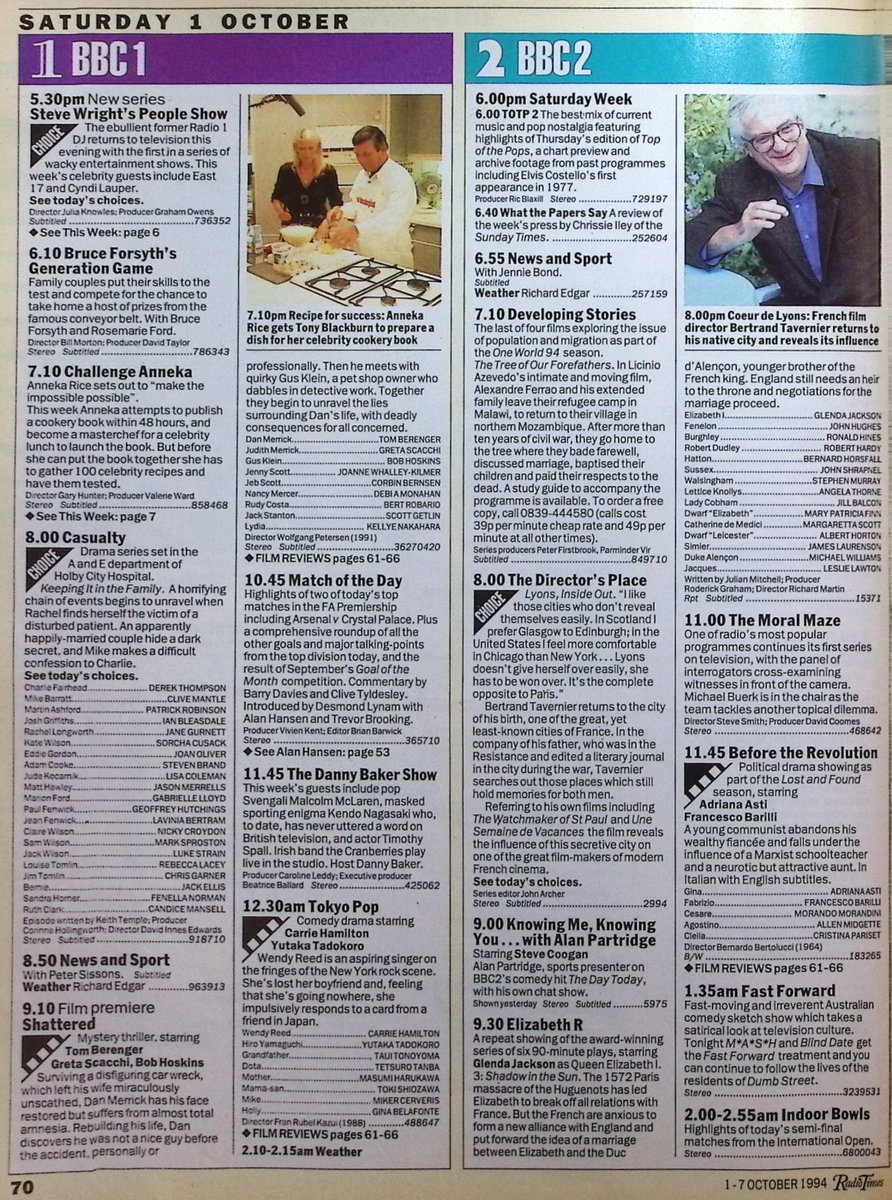 TvDidYouSee's tweet photo. #OnThisDay 1 October 1994 ๐บTV Listings
#AntAndDec visit LIVE AND KICKING.
It's the first of #SteveWright's PEOPLE SHOW.
Music from the Cranberries in THE DANNY BAKER SHOW.
BLIND DATE and FAMILY FORTUNES return on ITV.
Jimmy becomes an unlikely hero in #Brookside. https://t.co/YVrZYsCh1N