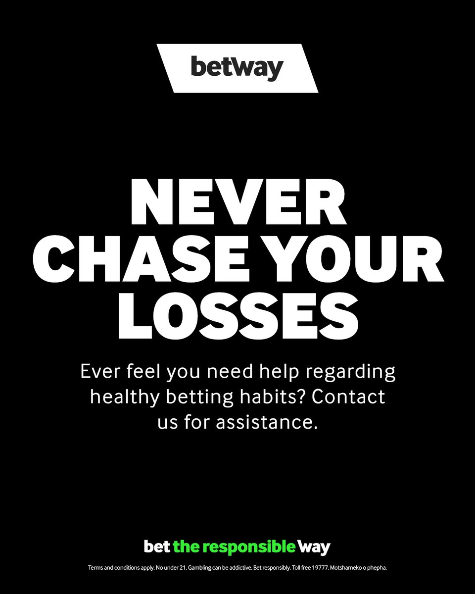 BetwayBW's tweet photo. At Betway , your well-being comes first. Remember: never chase your losses. If you ever need support or advice on healthy betting habits, we’re here to help. 💚 Bet responsibly. 21+ #BetResponsibly #ResponsibleGaming #StayInControl https://t.co/eIbKgMwhBn