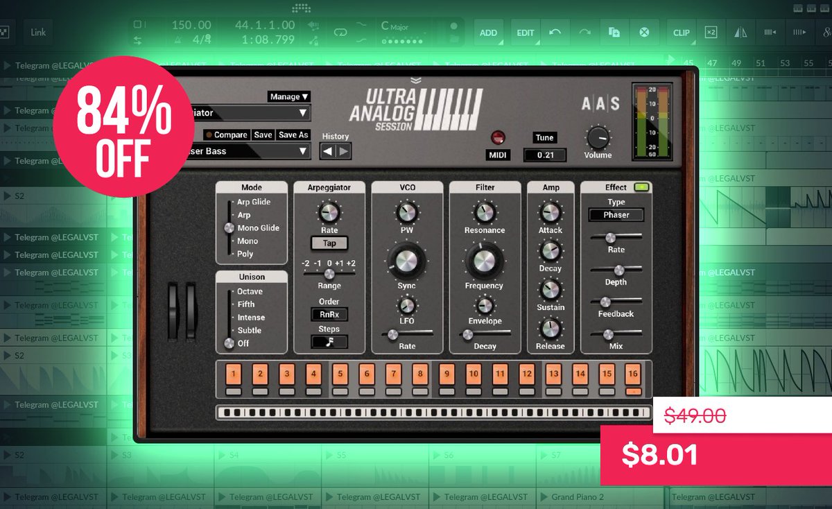 LEGAL_VST's tweet photo. Ultra Analog Session 2 by AAS ποΈ
Synth w/ MIDI ctrl, arp, effects, Devine/Divine presets, standalone mode.
π» Mac/Win (VST/VST3/AU/AAX/Standalone)
π° $8.01 (reg. $49) w/ code FORUM
π https://t.co/VN3e99CSYS
#synthplugin #analogsynth #midi #arpeggiator #musicproduction https://t.co/RYWBRkaZ5v