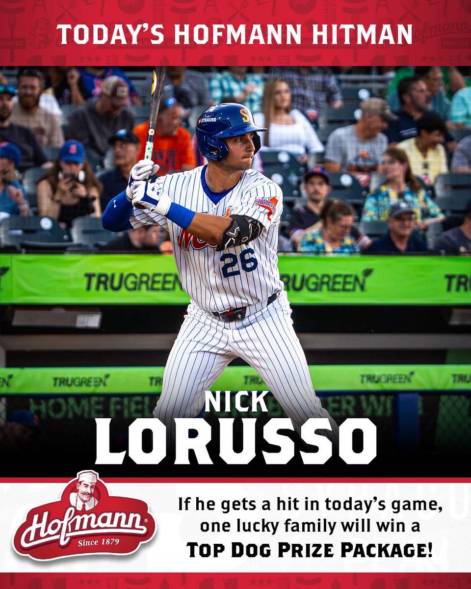 SyracuseMets's tweet photo. #OhSnap Today's Hofmann Hitman is Nick Lorusso! If he gets a hit in today's game, one lucky family will win a Top Dog Prize Package courtesy of @hofmannsausage! #tastetells https://t.co/Iiqu9tRWmq