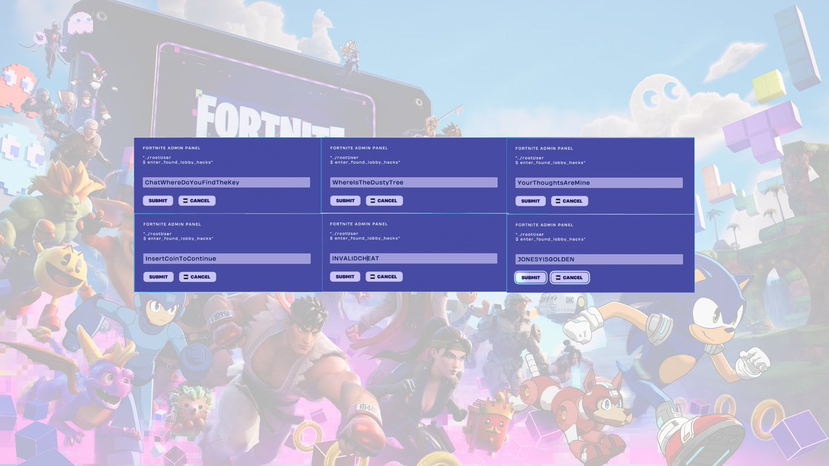 LootTrackerFN's tweet photo. EVERY NEW FORTNITE LOBBY HACK CODES 

• WhereIsTheDustyTree → 5,000 Sprite Dust
• INVALIDCHEAT → 2 Cheat Code Locators
• ChatWhereDoYouFindTheKey → 2 Extraction Accelerators
• YourThoughtsAreMine → Void Master Geno Style + 5,000 Sprite Dust
• InsertCoinToContinue → Turns you into an Arcade Machine
• BRB → Turns you into a Toilet
• JONESYISGOLDEN → Gold Jonesy Sprite

#Fortnite