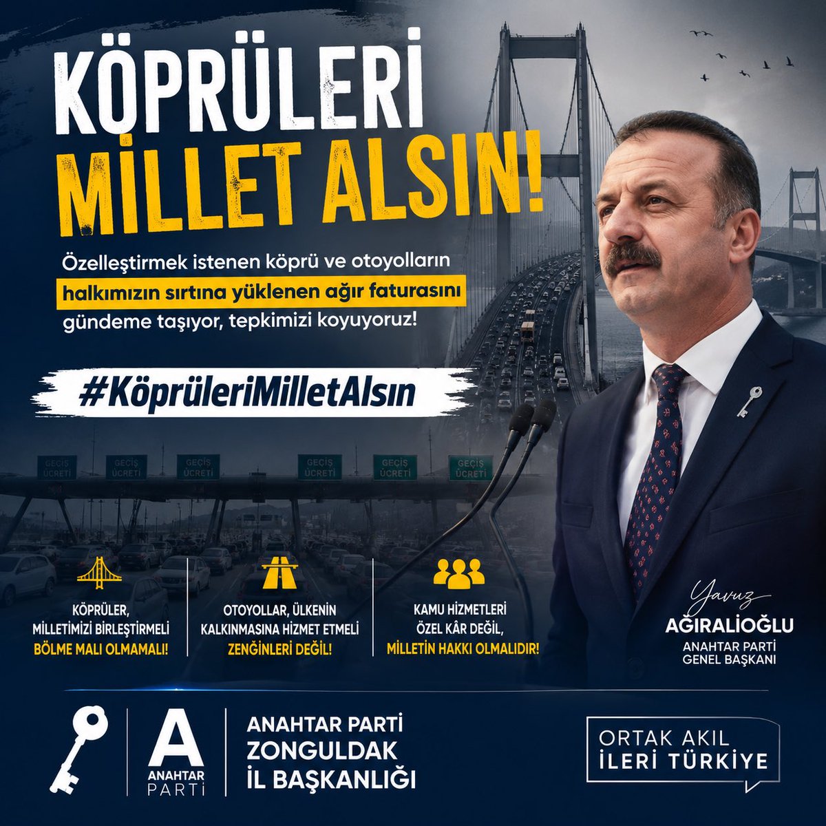 67AnahtarParti's tweet photo. Köprüler ve otoyollar milletin ortak değeridir.
Milletin sırtına ağır faturalar yükleyen özelleştirmelere karşıyız.

Kamu kaynakları, milletin menfaati için kullanılmalıdır.
Anahtar Parti Zonguldak İl Başkanlığı

#KöprüleriMilletAlsın
#YavuzAğıralioğlu https://t.co/1LAiVSXnNr