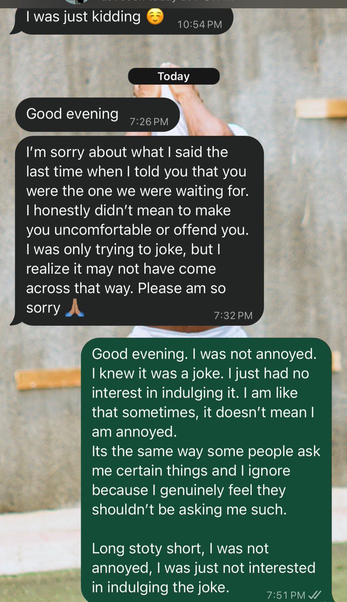 Hakeem_Onitolo's tweet photo. She made a joke when I posted my cousin’s wedding picture last month. I didn’t respond. She thought I was annoyed and apologized today. I wasn’t annoyed; I just wasn’t interested.

This is how I ignore conversations I don’t want to have.

Being able to chat with me does not mean you can ask or joke about anything. 
I don’t tell just anybody what I’m up to, for example. If you ask, I won’t answer. 

I’ve mastered ignoring conversations I’m not interested in. It is not annoyance; it is boundary.