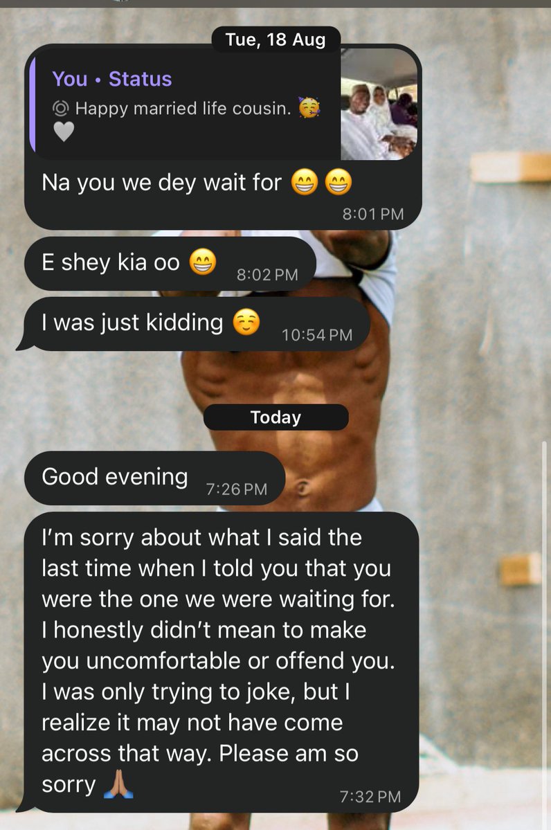 Hakeem_Onitolo's tweet photo. She made a joke when I posted my cousin’s wedding picture last month. I didn’t respond. She thought I was annoyed and apologized today. I wasn’t annoyed; I just wasn’t interested.

This is how I ignore conversations I don’t want to have.

Being able to chat with me does not mean you can ask or joke about anything. 
I don’t tell just anybody what I’m up to, for example. If you ask, I won’t answer. 

I’ve mastered ignoring conversations I’m not interested in. It is not annoyance; it is boundary.