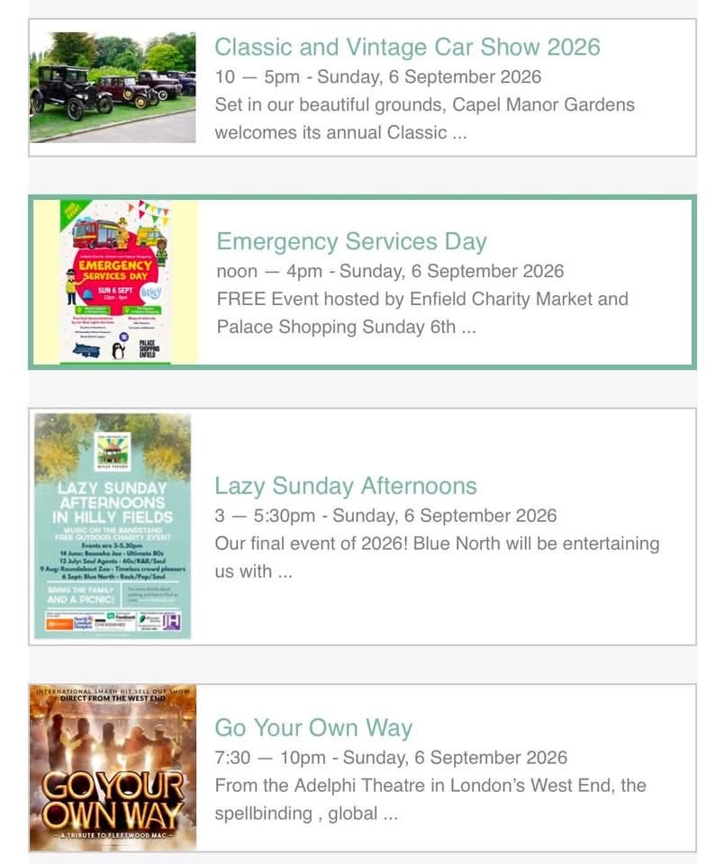 LoveUrdoorstep's tweet photo. ✨Sunday 6th September- Events across Enfield 

Classic and Vintage Car Show at Capel Manor Gardens
Emergency Service Day in Enfield Town 
Lazy Sunday Afternoons The Friends of Hilly Fields
Go Your Own Way at Millfield Theatre
#Enfield https://t.co/zUBr8C7rNZ