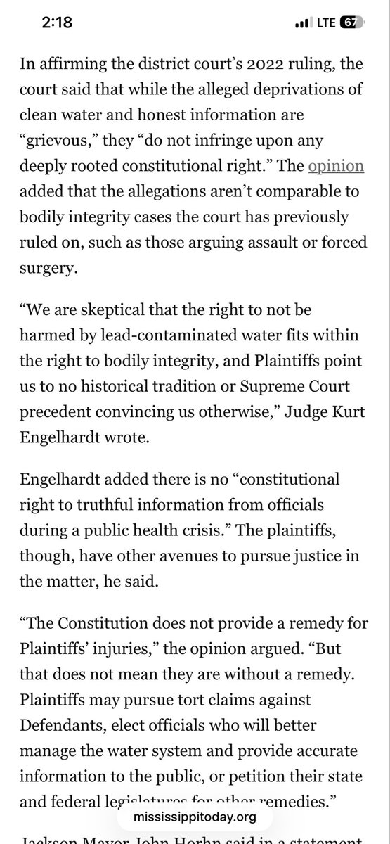 shrimpisbugs47's tweet photo. @pubity They ruled not only that clean water is not a constitutional human right, but also that government officials are not required to give you truthful information during a public health crisis. https://t.co/BzMerNXBaK