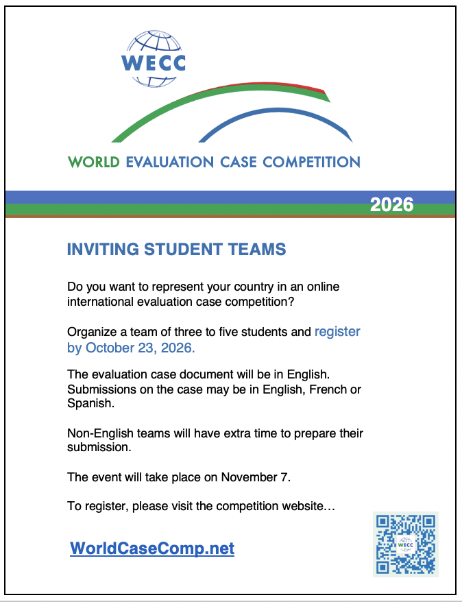 WorldCaseComp's tweet photo. Greetings!

Posters on the 2026 competition, in English, French and Spanish are now available at https://t.co/38D5e7Bd0D

Welcoming student teams from all countries on the planet! 

Register by October 23.

#Eval4Action
#Evaluation
#YEEs
#Eval
#ProgramEvaluation https://t.co/LavFqf9SHP