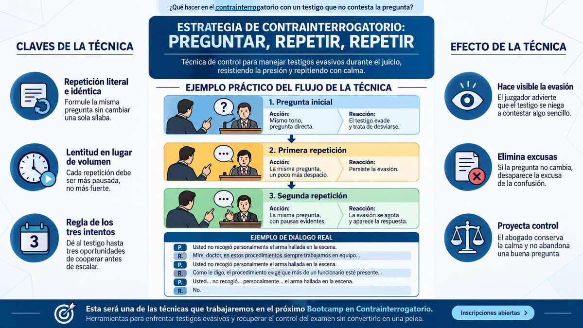 DecastroAlejo's tweet photo. ¿Que hacer en el contrainterrogatorio con un testigo que no contesta la pregunta?

Ahí empieza el verdadero problema del control.
Cuando el testigo evade, el impulso natural del abogado es hacer algo distinto: reformular, explicar mejor, endurecer el tono, presionar o pedir ayuda al juez. Pero muchas veces esa reacción premia la evasión. El testigo consigue exactamente lo que buscaba: sacar al abogado de su pregunta.
Una de las técnicas más eficaces consiste en hacer lo contrario: preguntar, repetir, repetir.
Formular la misma pregunta. Con las mismas palabras. Sin cambiar una sílaba.

P. — Usted no recogió personalmente el arma hallada en la escena.

El testigo explica protocolos, habla del trabajo en equipo, de la cadena de custodia…

P. — Usted no recogió personalmente el arma hallada en la escena.

Vuelve a evadir.
Entonces el abogado la formula una vez más, todavía más despacio:

P. — Usted… no recogió… personalmente… el arma hallada en la escena.
R. — No.

La eficacia de la técnica no está en la fuerza, sino en no abandonar una buena pregunta.
Cada repetición va quitándole al testigo una excusa. La pregunta no cambia. El abogado tampoco pierde la calma. Lo único que empieza a cambiar es la manera en que el juzgador percibe la conducta del testigo.
En contrainterrogatorio, controlar no  significa acosar. Muchas veces significa tener la disciplina suficiente para permanecer exactamente donde el testigo quiere que uno deje de estar.

Esta será una de las técnicas que trabajaremos en el próximo Bootcamp en Contrainterrogatorio, junto con otras herramientas para enfrentar testigos evasivos y recuperar el control del examen sin convertirlo en una pelea. 🚨Quedan pocos cupos: https://t.co/iKnLDqmQrG