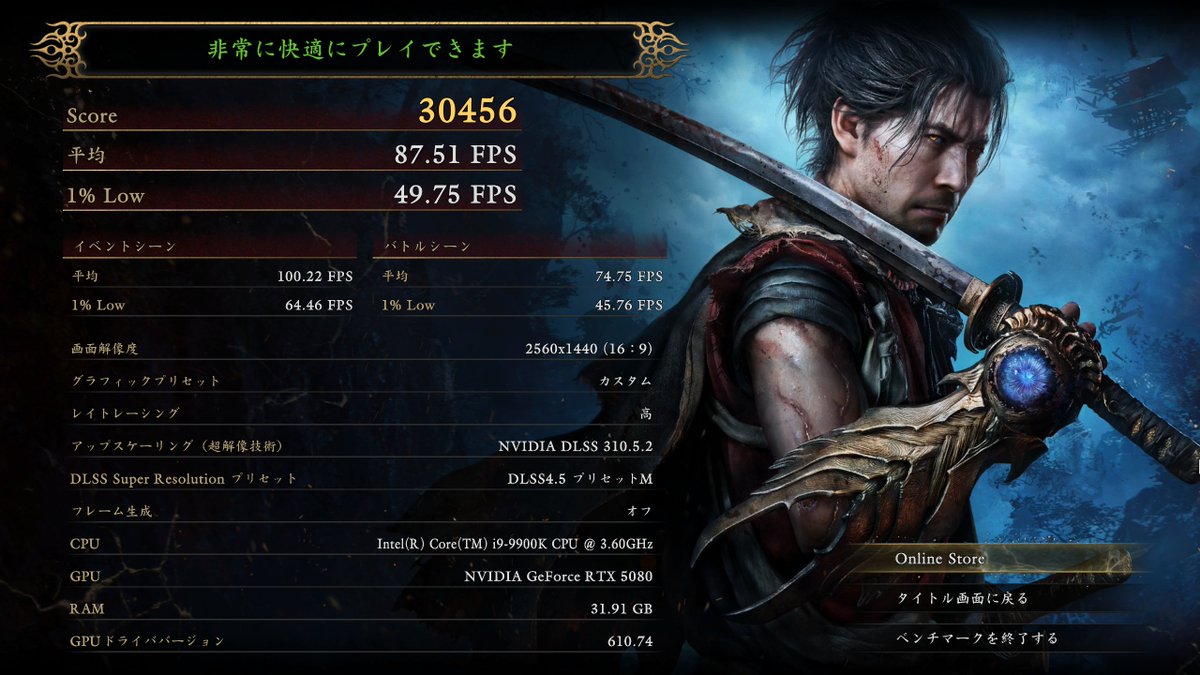 hs21904_BP's tweet photo. ［ベンチマーク結果］鬼武者 Way of the Sword
GPU：RTX 5080
DLSS4.5プリセットM　超解像技術: DLAA（ネイティブ解像度）1440p
レイトレ:高　フレーム生成:オフ
最高画質設定
#鬼武者 #ベンチマーク https://t.co/FHnIXnwu37