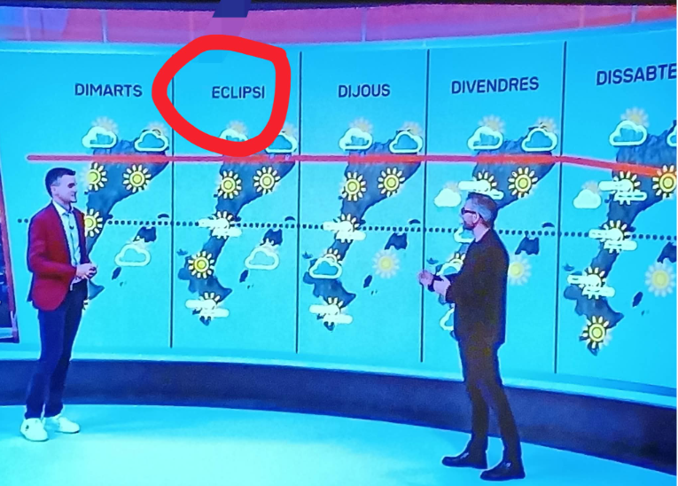 JoanOriol10's tweet photo. @larroyamarc No marquen la DIADA i en canvi sí que van canviar-li el nom del dia de la setmana (dimecres) per l'eclipsi d'agost. @som3cat @3CatInfoelTemps https://t.co/GpyiTIa03E